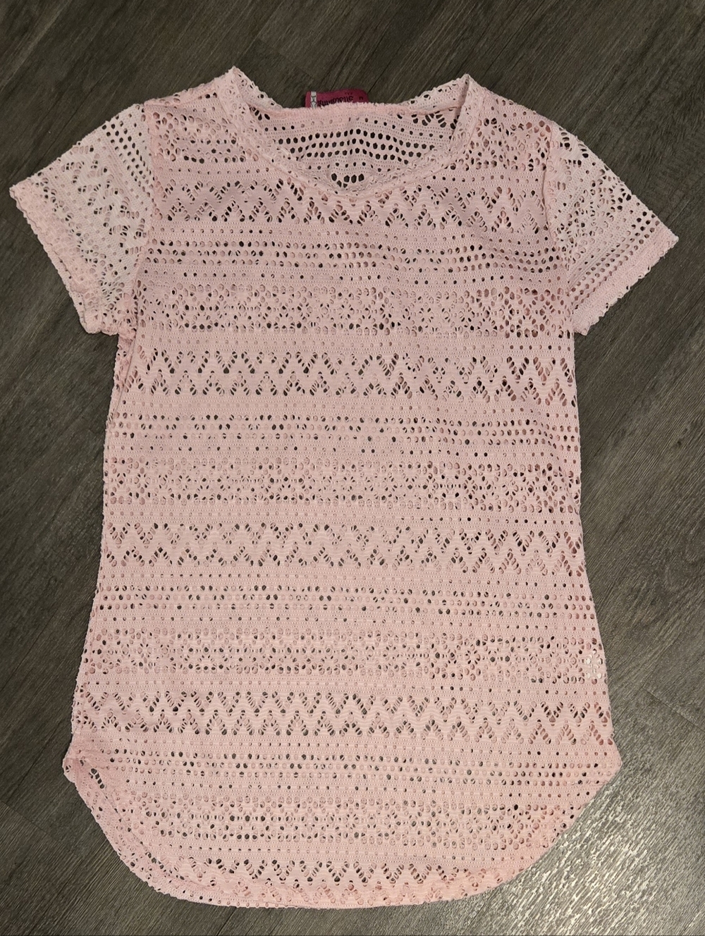 Annabelle Pink Crochet Lace Top Women’s Medium Boho Sheer Short Sleeve Blouse